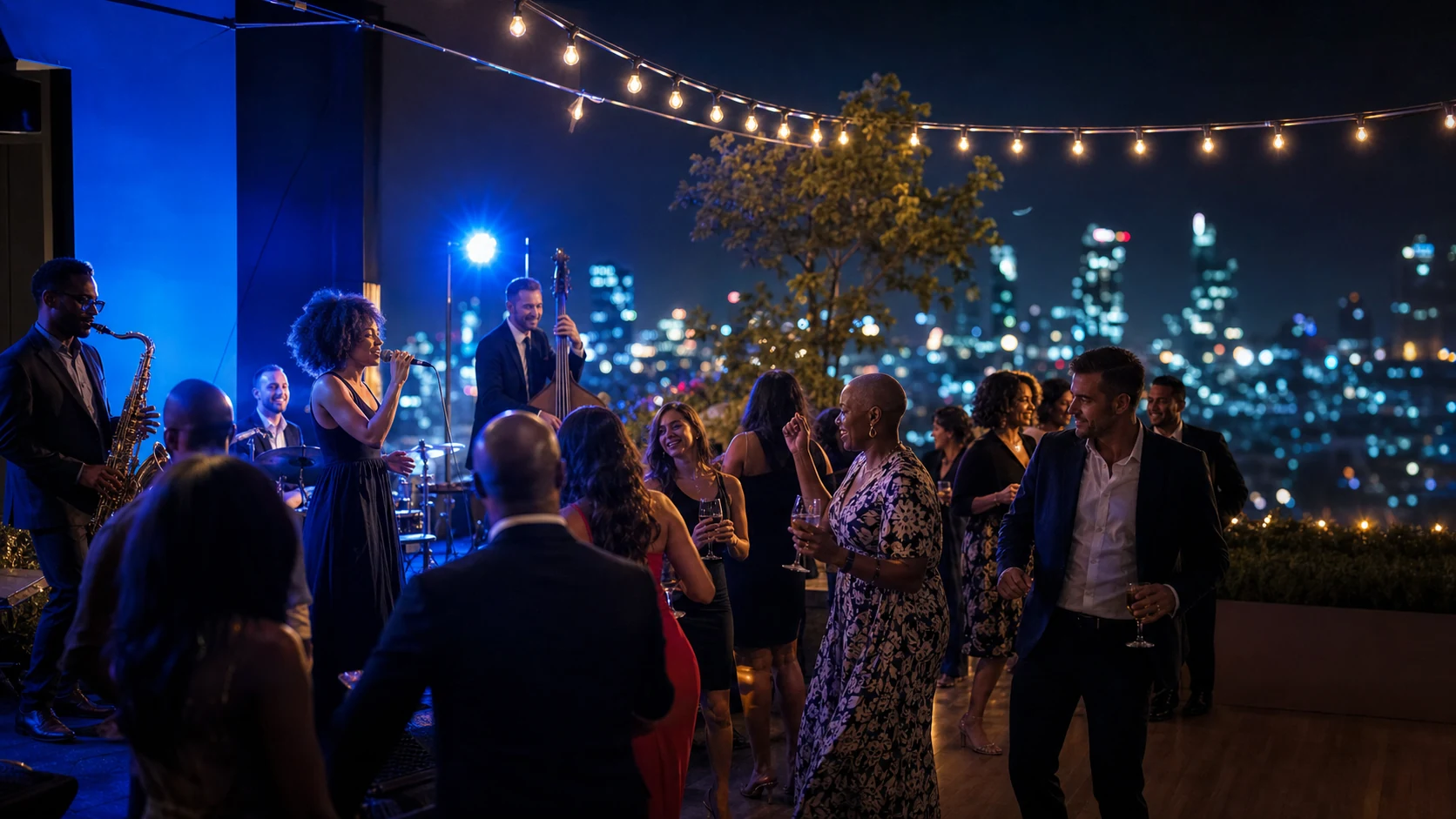 A live band performing as guests dance on a rooftop at night